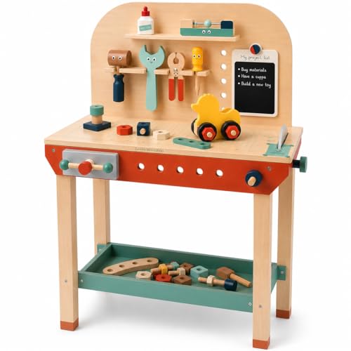 Jumini Wooden Workbench for Kids 3-7 Years | Kids Tool Bench with Real Working Vice Chalkboard & 10 Wooden Tools | Montessori STEM Pretend Play Construction Toy | FSC Certified