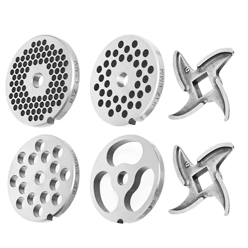 BOLEXINO #12 Stainless Steel Grinder Plate Assortment comes with 4 stainless steel grinder plates and 2 stainless steel knives.