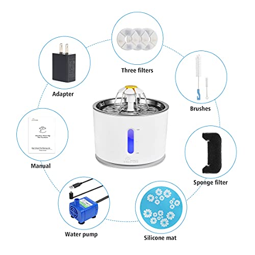 Cat Water Fountain Stainless Steel, 81oz/2.4L Cat Fountain with Smart Pump and LED Indicator for Water Shortage Alert, Cat and Dog Fountain with 3 Filters, 1 Mat and 2 Cleaning Brushes
