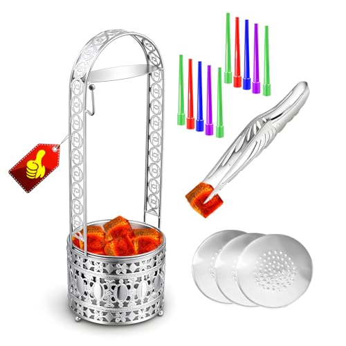 Portable Hookah Charcoal Basket with Coal Tongs - Metal Storage Container & Holder for Shisha Accessories (Silver Basket 16.1)
