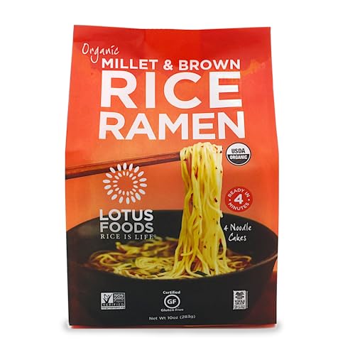 Lotus Foods Organic Millet and Brown Rice Ramen Noodles - Gluten Free Instant Ramen Noodles, Vegan, Low Sodium, Made with Brown Rice Flour and Millet Flour, Ready in 4 Minutes - 10 Oz Bag (Pack of 1)