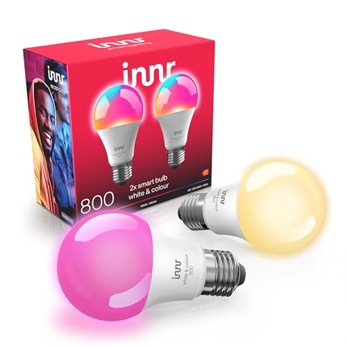 innr Bombilla Inteligente E27, Zigbee, Funciona con Hue* y Alexa (requiere puente), Luz LED Blanca y Colores, Lámpara RGB, Regulable, 880 Lúmenes - 2 piezas