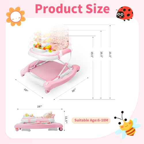 Image of 5 in 1 Baby Walker, Music and Lights Walker for Baby Boy Girls 6-12 Months, Foldable Baby Walkers with Wheels and Bouncer Combo Portable, Toddler Infant Walker with Adjustable Height