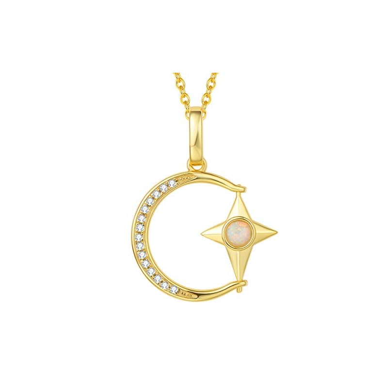 FANCIME Yellow Gold Plated Sterling Silver Created Fire Opal Moon & Star Necklace October Birthstone Statement Fine Jewelry for Women 16+2 inch Extender