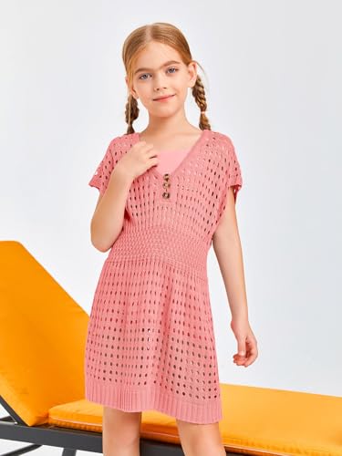 Image of Haloumoning Girls Crochet Swim Beach Cover Up Kids Fashion Button Short Sleeve Swimsuits Cover Ups 5-14 Years