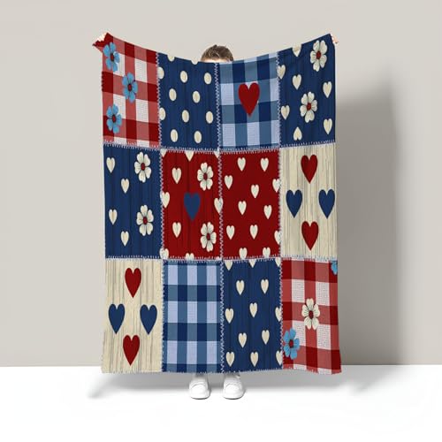 Manta De Patchwork De Cuadros 150X200Cm, Floral Estilo Campestre Mantas Suave De Franela, Mantas De Cama Mullida Acogedora para Sofá Decoración para Cualquier Temporada, Azul Marino, 150X200Cm