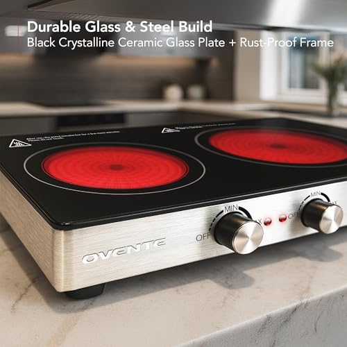 Image of OVENTE Infrared Ceramic Double Burner, 1800W Electric Countertop Hot Plate with Black Crystalline Glass, Portable Stainless Steel Cooktop for Home, Office, or Dorm Use, Black BGI302GB
