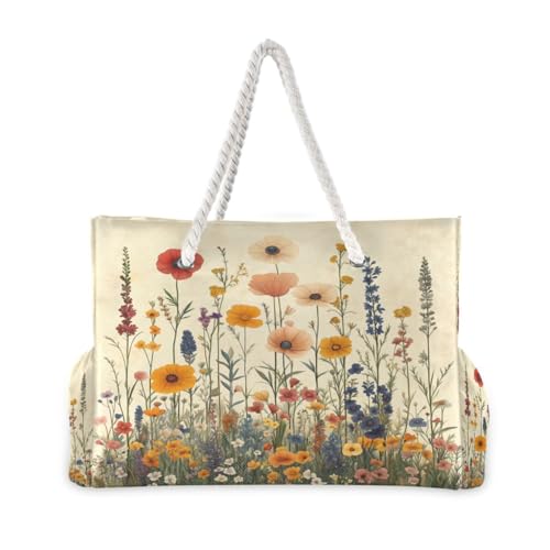 Herbal Wildflowers Beach Bag with Top Zipper Closure, Waterproof Pool Bag, Large Beach Tote for Women#3582