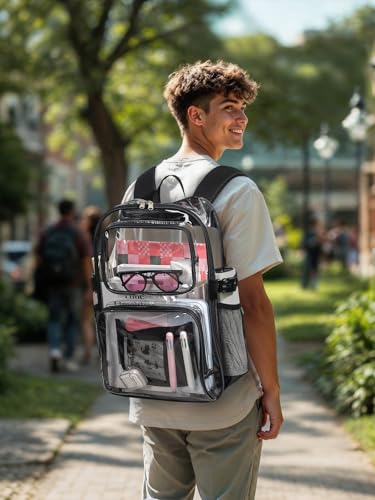 Clear Backpack Heavy Duty for Women Men Boys Girls, Transparent See Through Backpack, Large TPU Bookbag with 360° Reflective Strips for Sport College Work Travel Security, Black3