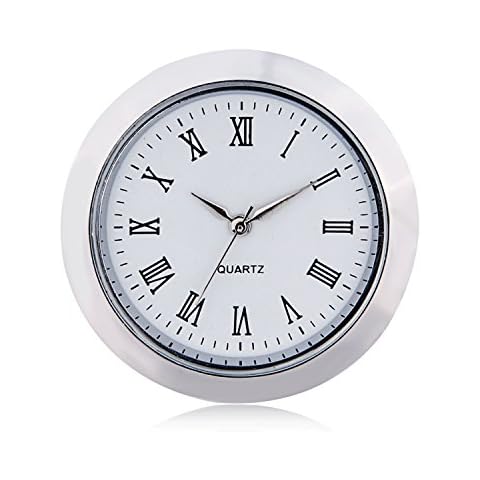 ShoppeWatch Mini Clock Insert Quartz Movement Round 1 7/16" (35mm) Miniature Clock Fit Up White Face Silver Tone Bezel Roman Numerals CK-097 Cover