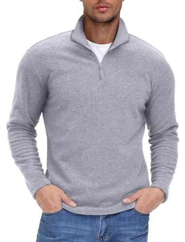 EKLENTSON Men's 1/4 Zip Fleece Jumper Winter Warm Sweatshirt Outdoor Hiking Fleece Top Long Sleeve Pullover Light Grey,M