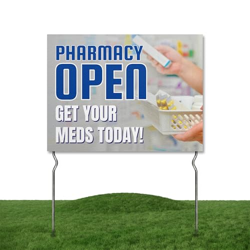 Pharmacy Open - Get Your Meds Now! Yard Sign by DC | 24"x18" Double Sided Medicine Garden Sign with 13” Metal Stakes | Outdoor Signs Waterproof for Lawn, Patio, Sidewalk & House | Set of 5