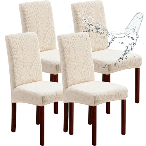 Genina Waterproof Set of 4, Dining Chair Covers Dining Room Protectors Cover for Kitchen(Leaves-Beige,4 Pieces)