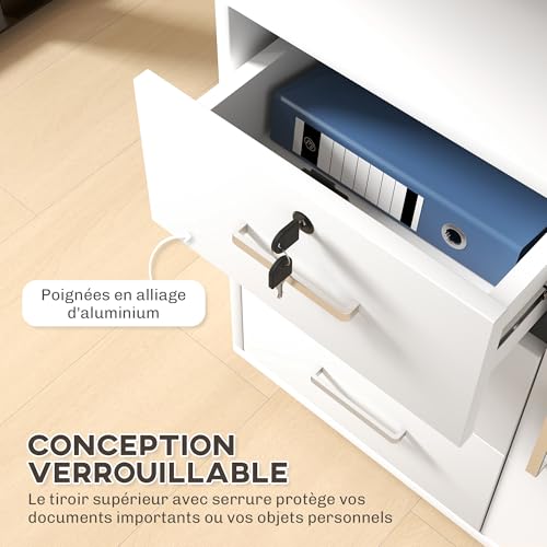 Caisson bureau 3 tiroirs verrouillables + étagère HOMCOM