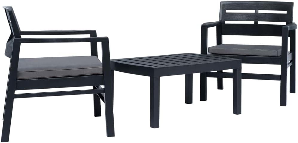 Anthracite 3-Piece Patio Lounge Set with Table and 2 Armchairs, Durable Weather-Resistant Plastic Furniture for Outdoor Dining and Relaxation, Modern Polyester Cushions,