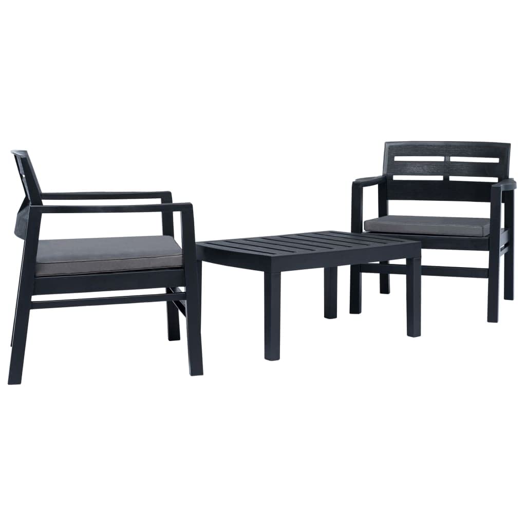Anthracite 3-Piece Patio Lounge Set with Table and 2 Armchairs, Durable Weather-Resistant Plastic Furniture for Outdoor Dining and Relaxation, Modern Polyester Cushions,