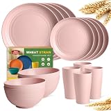 Teivio 16-Piece Kitchen Plastic Wheat Straw Dinnerware Set, Service for 4, Dinner Plates, Dessert Plate, Cereal Bowls, Cups, Unbreakable Plastic Outdoor Camping Dishes,Pink