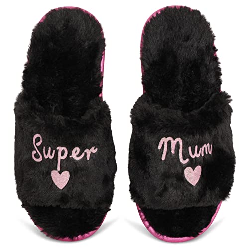 Keanu Ladies Super Mum Slider Slippers - Faux Fur Slippers - Mother's Day Christmas or Birthday present - UK Sizes 3-4, 5-6, & 7-8 (Super Mum, 5-6)