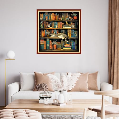 Image of Fanxvivy Stamped Cross Stitch Kits for Beginners Full Range of Cross Stitching Preprinted Embroidery Kits for Adults, 11CT Embroidery Pattern Needlepoint Kits-Cat Sleeping in Bookshelf 18x18 inch