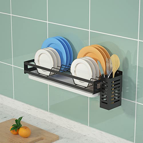 Junyuan Hanging Dish Drying Rack Wall Mounted Dish Drying Rack With Utensil Holder,Kitchen Cabinet Storage Plate Rack With Drain Board,Durable-Stainless Rust Proof（Black Dish） #TOP1