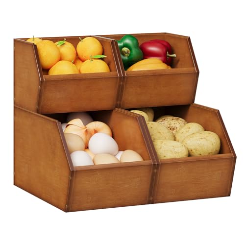 Trironsun 2 Set Bamboo Pantry Storage Bins Wood Stackable Baskets