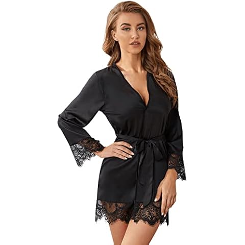 SheIn Women's Lace Trim Belted Satin Dressing Gown Nightwear Kimono Silk Robe Black S Cover
