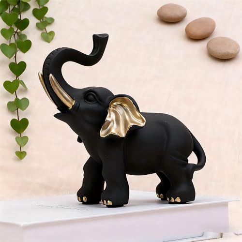 Forrylin Fortune and Mystery Black Elephant Figurine with Gold Ears Resin Home Decor Statue for Good Luck Office Desk Shelf Ornament Housewarming Gift