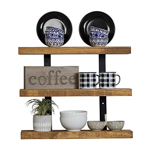 Industrial Metal Bracket Three-Tier Natural Wood Floating Shelf Set Rustic Farmhouse Kitchen, Bath, Laundry, Dorm (24 Inch, Walnut)