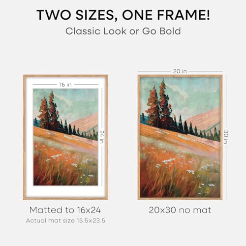 Image of Homeforia 20x30 Picture Frame Wood, High End Natural Oak 20 x 30 Frame with Mat 16 by 24, 20x30 Light Wooden Poster Frames Matted to 16x24 Photo, 30by20 Large Frame, Tempered Glass, Wall Kit, Set of 2