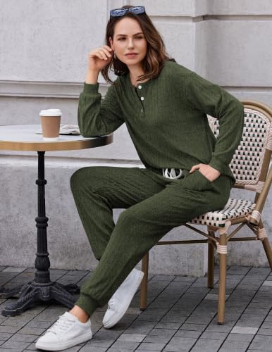 Ekouaer Womens Knit 2 Piece Lounge Sets Long Sleeve Top and Pants Outfits - image 5
