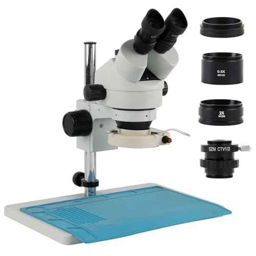 Microscope 3.5X-90X Simul Focal Parfocal Trinocular Stereo Microscope 0.5X 1X 2X Barlow Lens 144 LED Ring Light for Phone Repair Soldering, Adjustable Metal Arm A(White)