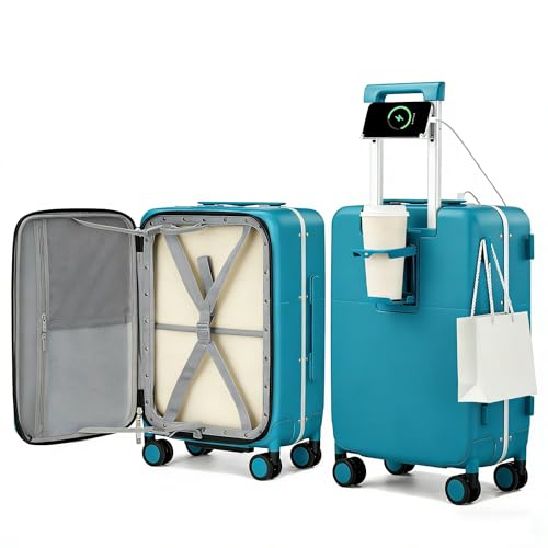 Hanke 20 Inch Top Opening Carry On Luggage, Hard Shell Suitcase with Cup Holder,USB Charging Port, Aluminum Frame with TSA Lock, 8 Spinner Wheels, Dry-Wet Separation Removable Dividers,Caribbean Blue