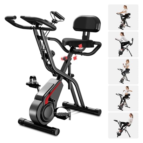 LONTEK Ergometer Hometrainer Fahrrad, 5-in-1 Heimtrainer Fahrrad Klappbar Indoor Bike, 16-Stufen Magnet-Widerstand, Cardio mit Pulsmessung & LED Display, Weicher Sitz