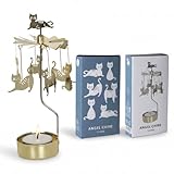 Teelicht Karussell aus Metall – drehender Teelichthalter in Gold mit 7 Katzen-Ornamenten – rotierendes Kerzenmobil durch Kerzenwärme – dekorative Weihnachtsdeko & Geschenk für Katzenliebhaber