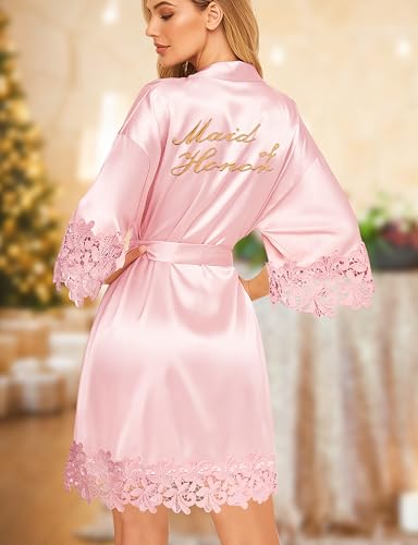 Image of EPLAZA Bride Robe for Wedding Day Set Bridal Robe Lace Trim Silky Embroidery Satin Kimono for Bridal Party