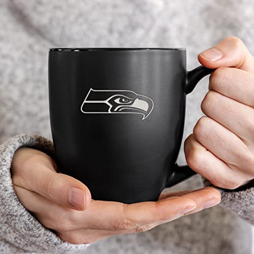 Image of Rico Industries NFL Football 15oz Personalized Laser Engraved Matte Black Ceramic Bistro Mug - For Hot or Cold Drinks