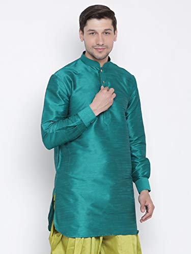 Image of Vastramay Men's Gold Curved Shape Pathani Style Silk Cotton Kurta - Mid-Length with Buttoned Cuff, Soft & Comfortable Ethnic Wear
