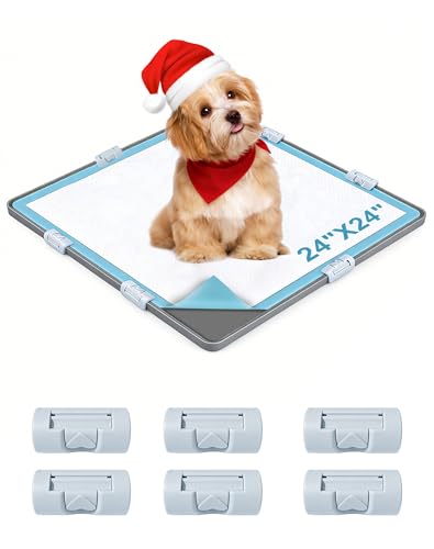 Quaryi Dog Pee Pad Holder with 6 Clips 24x24 Inch Silicone Puppy Pad Tray Raised Edge Leak-Proof No Spill Mat for Dog Training Pads Non-Slip Potty Holder for Indoor Floor Protection Gray