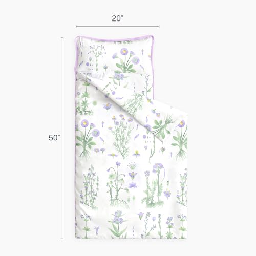 Image of Wake In Cloud - Toddler Nap Mat with Pillow and Blanket, 100% Cotton Fabric, for Kids Girls Ages 3 Plus in Daycare Kindergarten Preschool, Sleeping Bag, Botanical Flowers