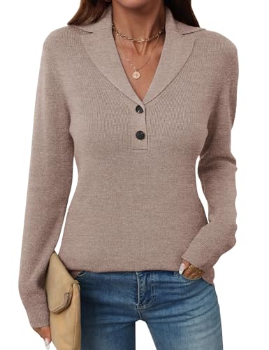 LOMON Womens Sweaters Fall 2025 Collared V Neck Tunic Pullover Dressy Casual Long Sleeve Knitted Lightweight Jumper Business Button Polo Shirts (Deep Khaki,X-Large)