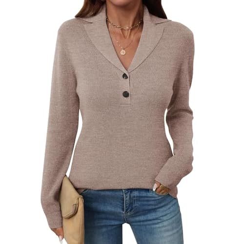 LOMON Sweaters for Women 2025 Fall Knitted V-Neck Collared Button Pullover Dressy Casual Long Sleeve Polo Shirts Business Large Deep Khaki
