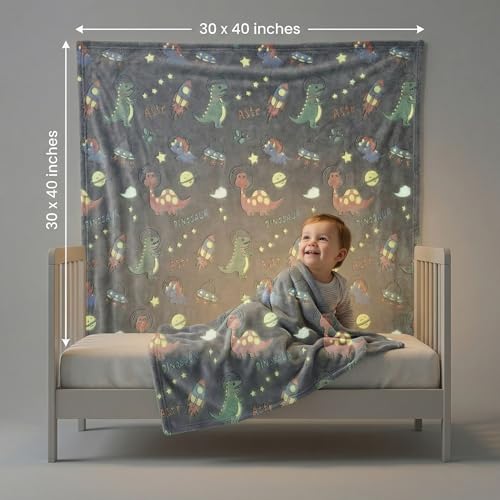 Image of BSB HOME Glow in The Dark Kids Blanket, Soft Flannel Fleece Luminous Blanket for Boys & Girls, Cozy Lightweight Kids Throw for Bed - 30 x 40 in (76 x 102 cm) (Dinosaur & Space Theme - Dark Grey)
