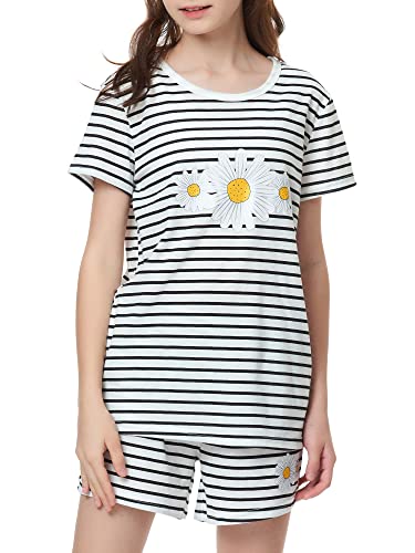 Image of Cozchique Summer Pajamas for Girls - Stripe & Glittering Heart PJS Pal Cute Jammies Set Big KidsSize 6-16