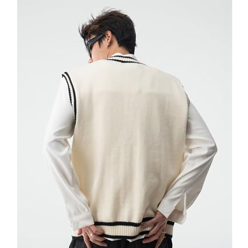 Vintage V-Neck Turtleneck Vest for Men, Retro College Style, Cable Knitted Sweater, Solid Color Sleeveless Pullover for Fall/Winter(XXL, White)4