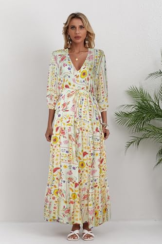 Image of Women Short Sleeve V Neck Floral Print Casual Bohemian Maxi Dresses