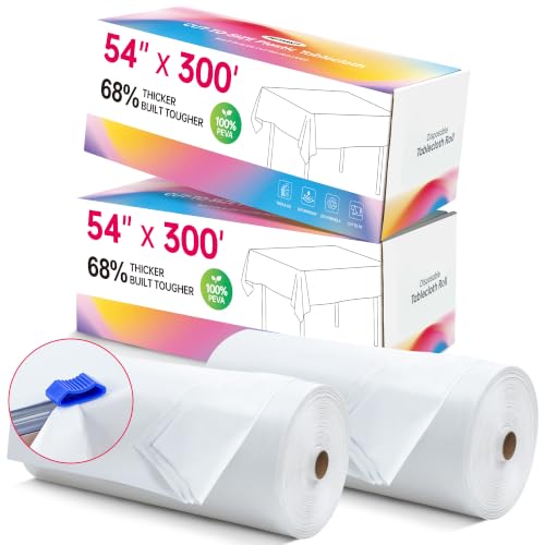 Image of 600FT X 54IN Plastic Table Cloth Disposable, White Table Cover Roll