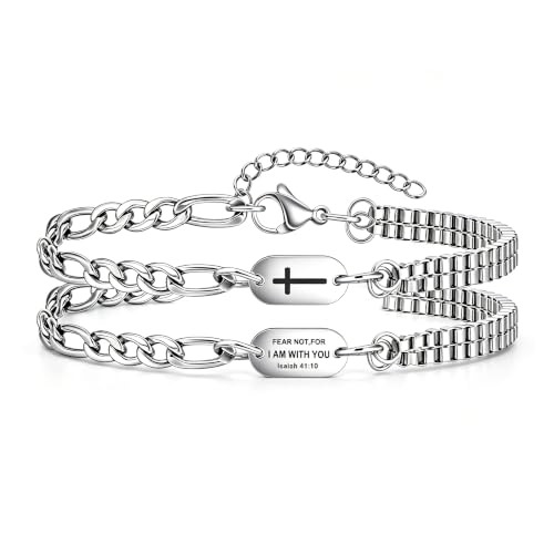 Cross Bracelet for Men, Silver Mixed Figaro Box Chain Stainless Steel Mens Bracelet, Custom Engraved Personalized Religious Christian Faith Jewelry, Anniversary Birthday Father's Day Valentine Gift for Husband Dad Son Him