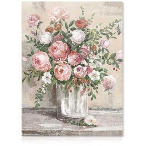Dazzlewall Vintage Floral Canvas Wall Art Farmhouse Still Life Posters Rustic Pink and White Flower Vase Prints Botanical Oil Painting for Bathroom Bedroom Living Room 12x16in Unframed Cover