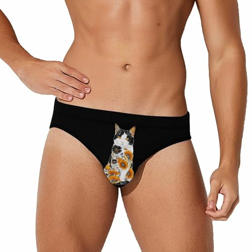 White Cat with Orange Flowers Novelty Men's Swimming Brief Swimwear Pants Trunks Beach Shorts Underwear