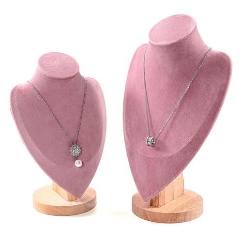 2 Pack of Solid wood props portrait model chain and long necklace display props, jewelry retail store counter model necklace pendant jewelry stand rack for vender selling (pink, 2 Pack (M+L))